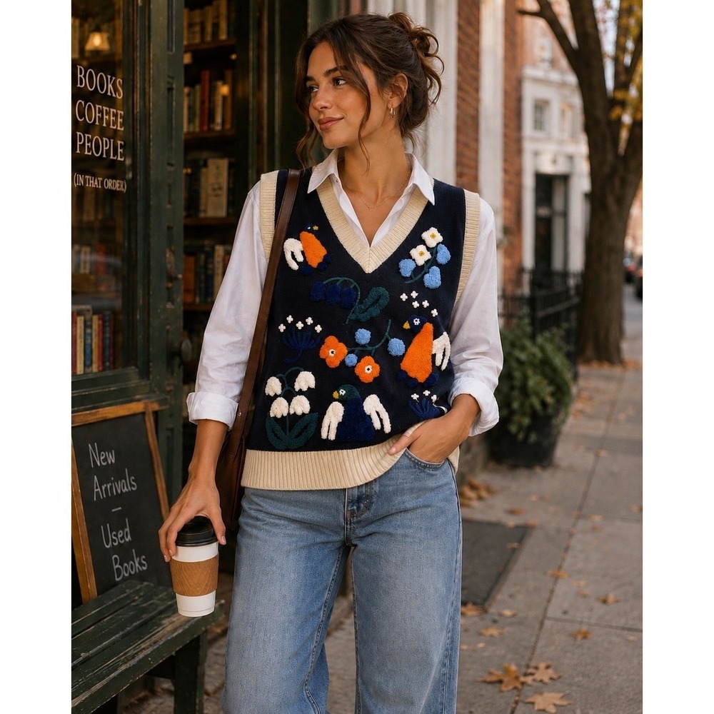 Whimsy Cottagecore Bird Floral Embroidered Knit V-Neck Sweater Vest Artsy Sz S